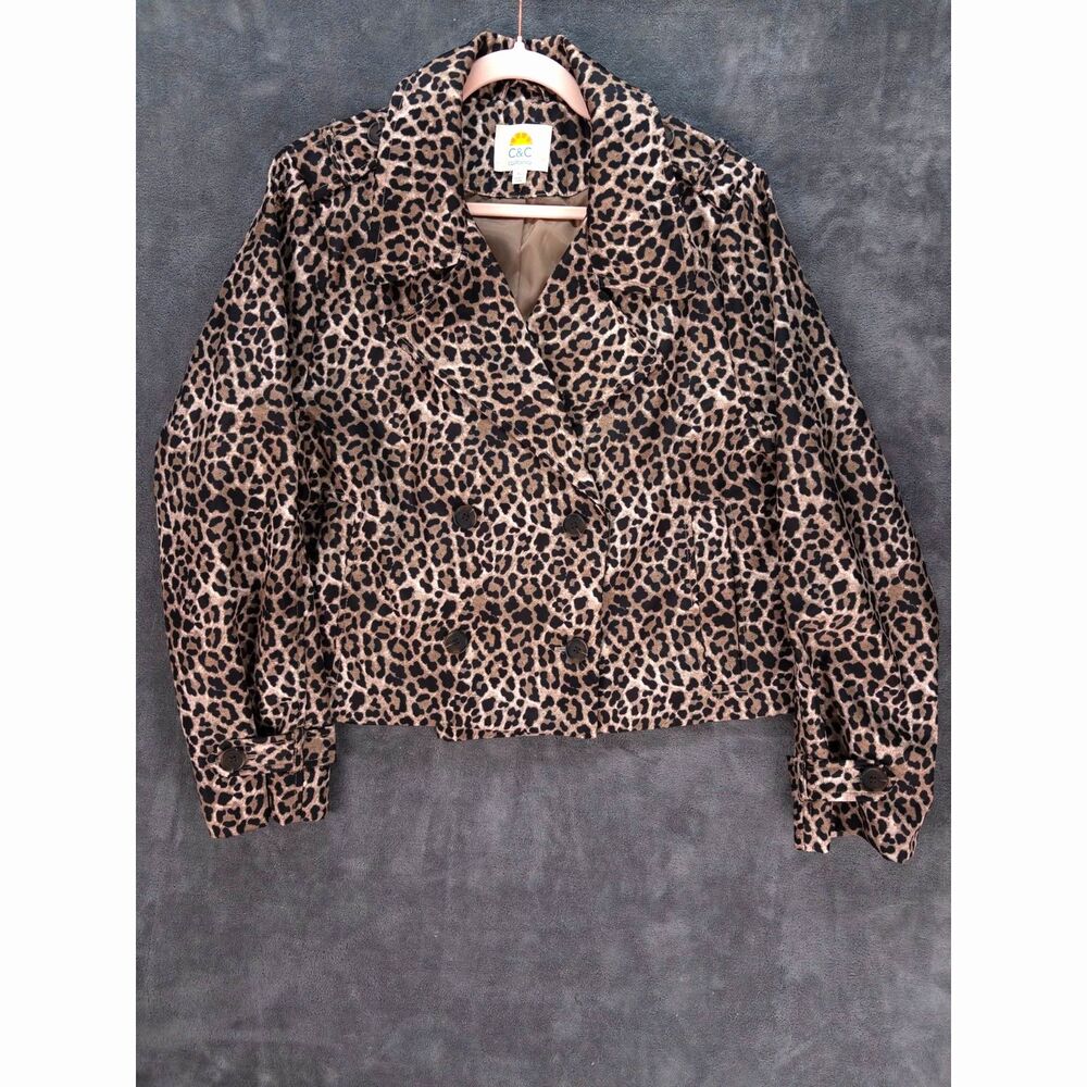 C&C California Leopard Print Cropped Trench Coat Size XL Double Breasted Jacket